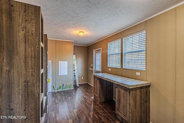 foyer featuring dark wood-type flooring, crown molding, and a textured ceiling