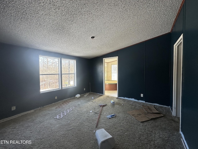 empty room with a textured ceiling and lofted ceiling