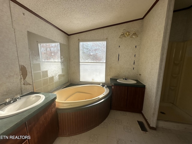 bathroom with separate shower and tub, a textured ceiling, vaulted ceiling, ornamental molding, and vanity