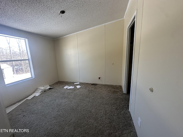 spare room featuring a textured ceiling and dark colored carpet