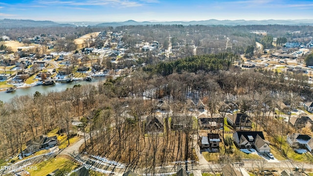 birds eye view of property featuring a water and mountain view