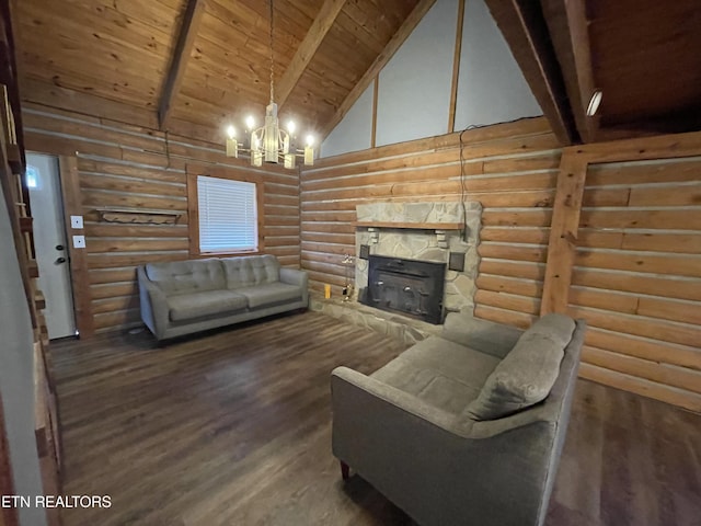 living room featuring rustic walls, wood ceiling, high vaulted ceiling, and beamed ceiling