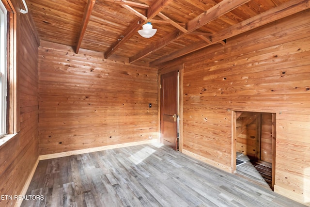 spare room featuring beam ceiling, wooden ceiling, wood-type flooring, and wood walls