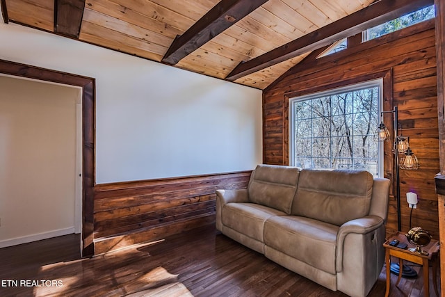 living room featuring wooden ceiling, dark hardwood / wood-style flooring, vaulted ceiling with beams, and wooden walls