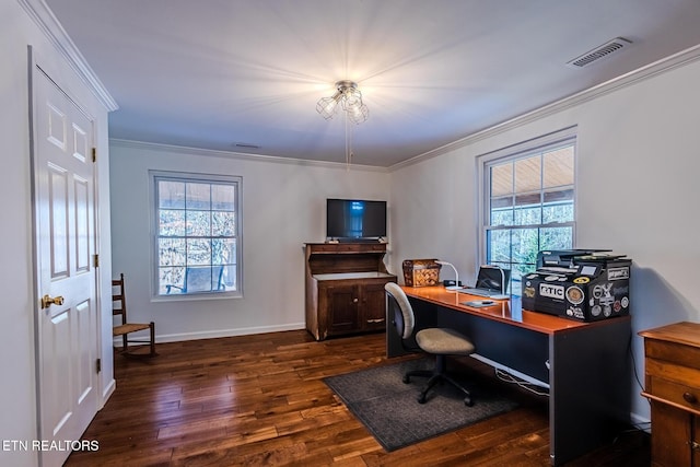 office with dark hardwood / wood-style flooring and crown molding