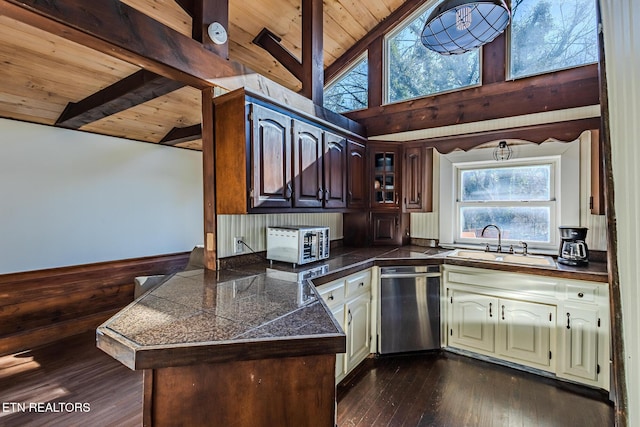 kitchen featuring dishwasher, beam ceiling, sink, wooden walls, and dark wood-type flooring