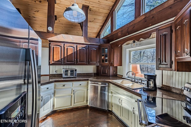 kitchen featuring appliances with stainless steel finishes, lofted ceiling, wood ceiling, sink, and dark hardwood / wood-style floors