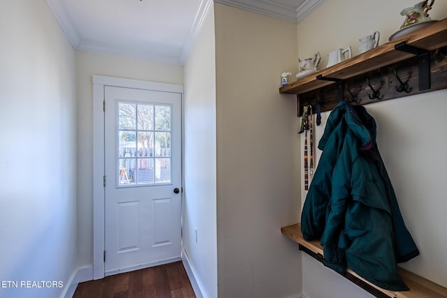 doorway to outside featuring dark wood-type flooring and ornamental molding