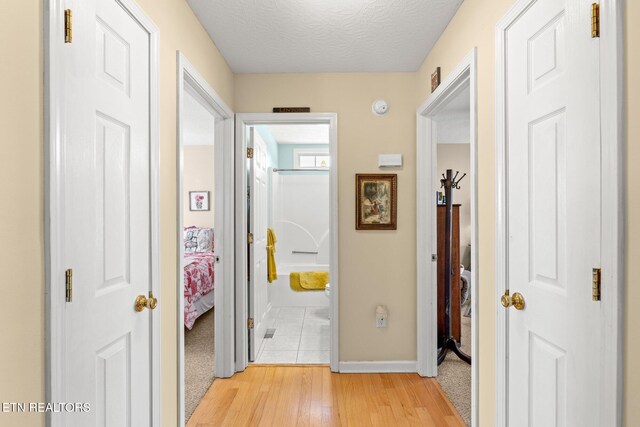 hallway featuring light wood-type flooring and a textured ceiling