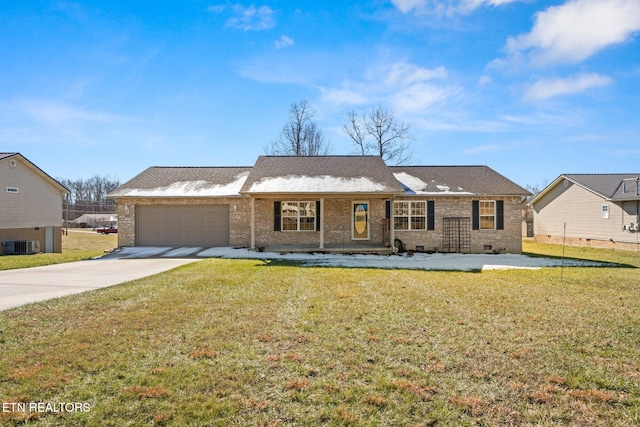 single story home featuring a garage, a front yard, and central air condition unit