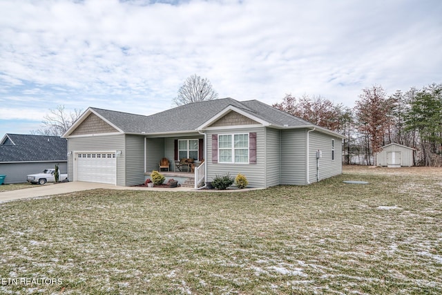 ranch-style house with a garage, covered porch, a storage shed, and a front lawn