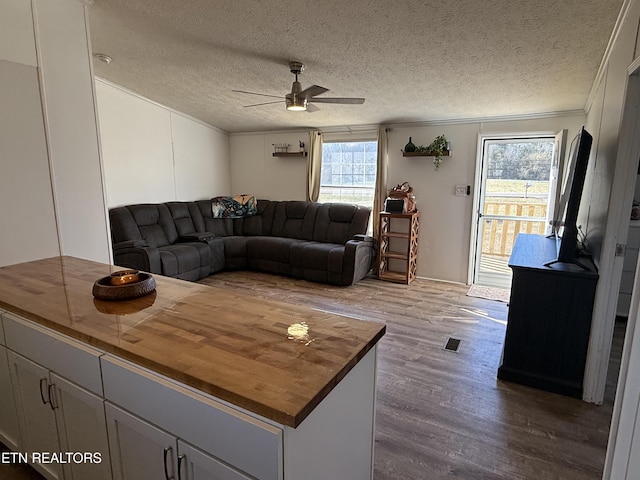 living room with a textured ceiling, ceiling fan, a wealth of natural light, and wood-type flooring