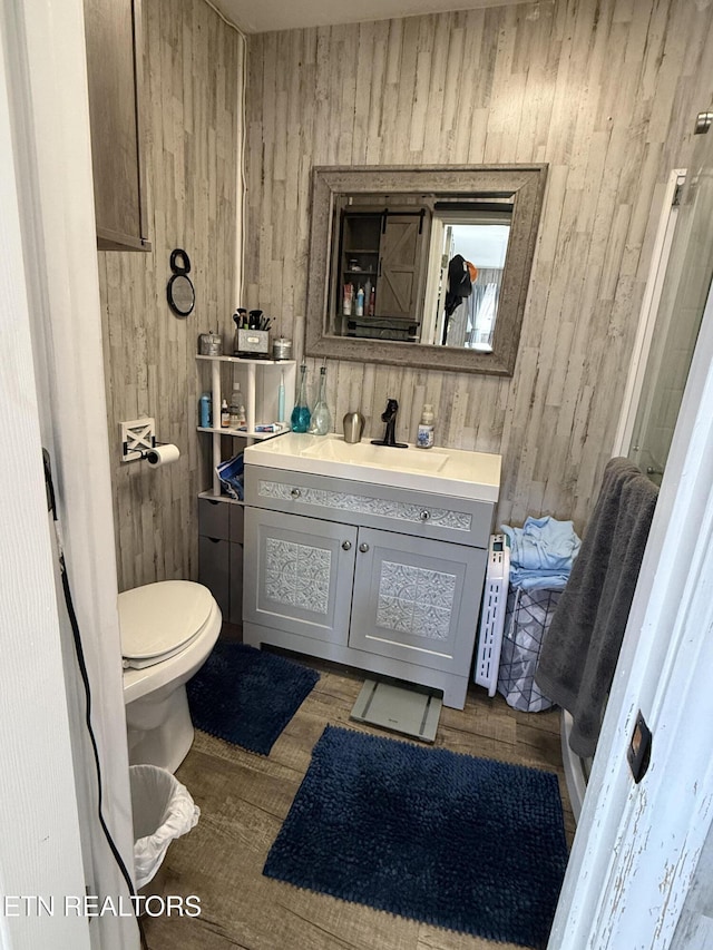 bathroom featuring toilet, vanity, and wood walls