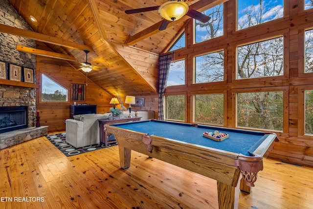 game room featuring a stone fireplace, wood walls, wood ceiling, beamed ceiling, and light hardwood / wood-style floors