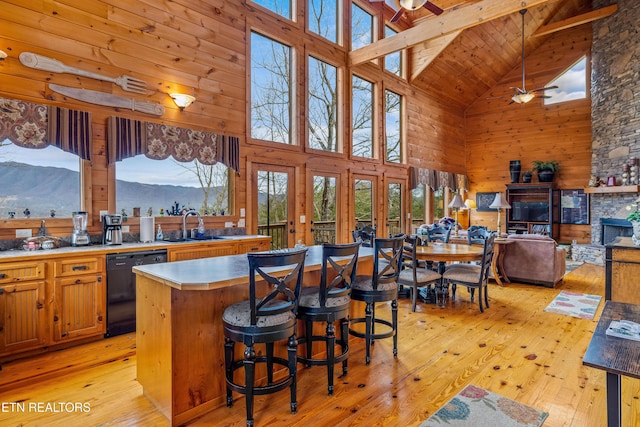 kitchen with sink, light hardwood / wood-style flooring, dishwasher, plenty of natural light, and a mountain view