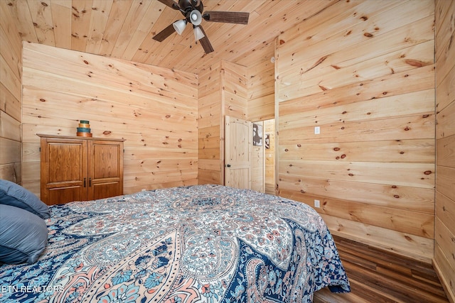 bedroom featuring ceiling fan, wood ceiling, and wooden walls