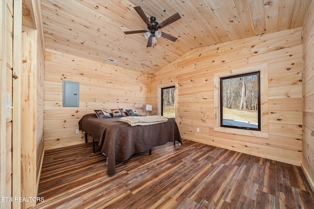 bedroom featuring ceiling fan, dark hardwood / wood-style floors, wood walls, electric panel, and wood ceiling