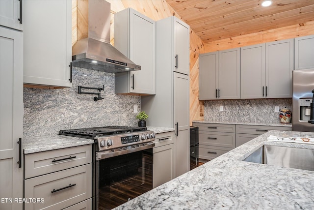 kitchen featuring extractor fan, wooden ceiling, stainless steel appliances, gray cabinetry, and light stone countertops