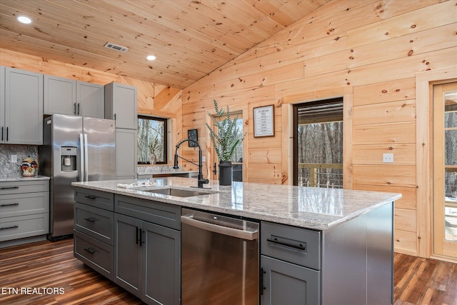 kitchen with appliances with stainless steel finishes, a center island, wood ceiling, wooden walls, and sink