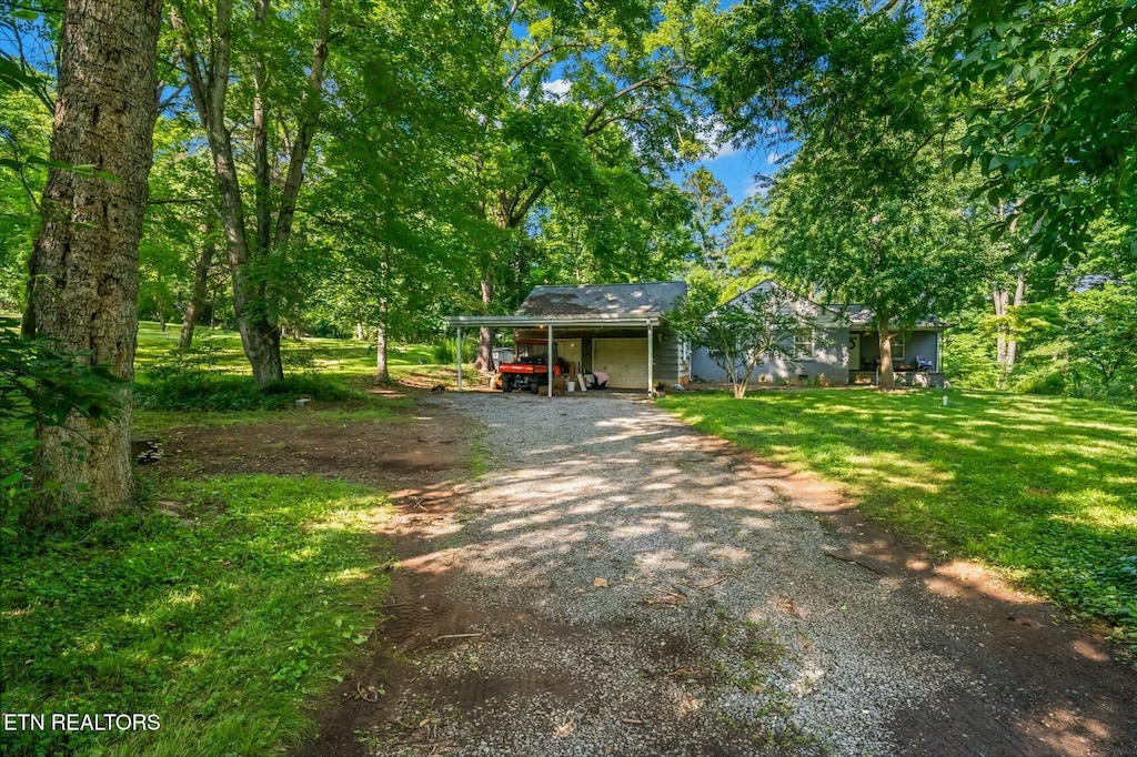 view of front facade with a front yard and a carport