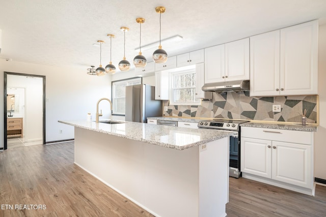 kitchen featuring sink, appliances with stainless steel finishes, hanging light fixtures, an island with sink, and white cabinets