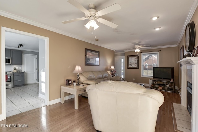 living room with crown molding, ceiling fan, a fireplace, and light hardwood / wood-style floors