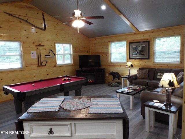 rec room with hardwood / wood-style floors, wooden walls, ceiling fan, lofted ceiling, and billiards