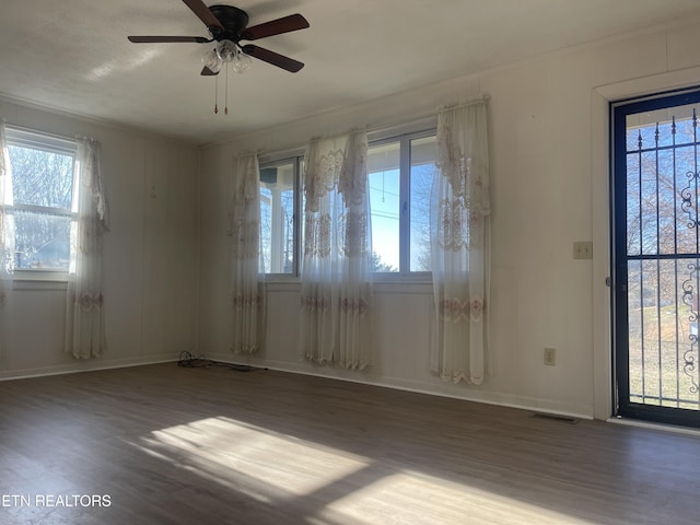 empty room with ceiling fan and wood-type flooring