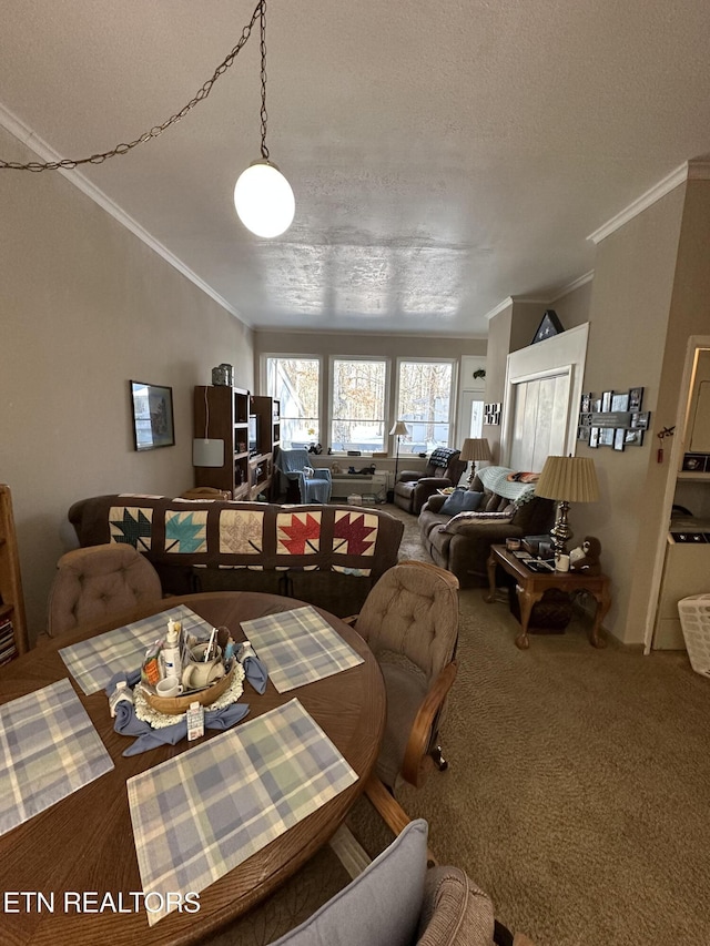 dining room featuring carpet floors, crown molding, and a textured ceiling