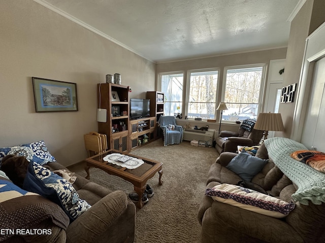 carpeted living room with crown molding