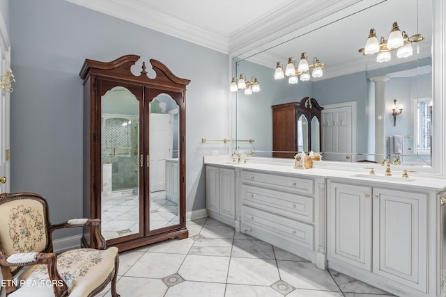 bathroom with crown molding, vanity, and tile patterned floors