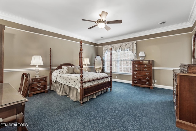 carpeted bedroom featuring ceiling fan and ornamental molding