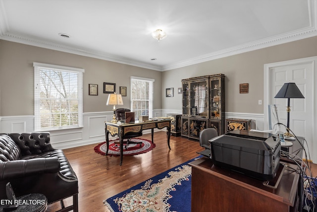 office space with hardwood / wood-style flooring and ornamental molding