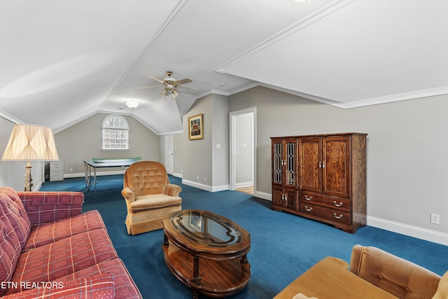 living room with lofted ceiling, carpet floors, ornamental molding, and ceiling fan