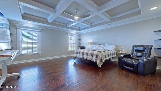 bedroom with coffered ceiling, ceiling fan, dark wood-type flooring, crown molding, and beamed ceiling