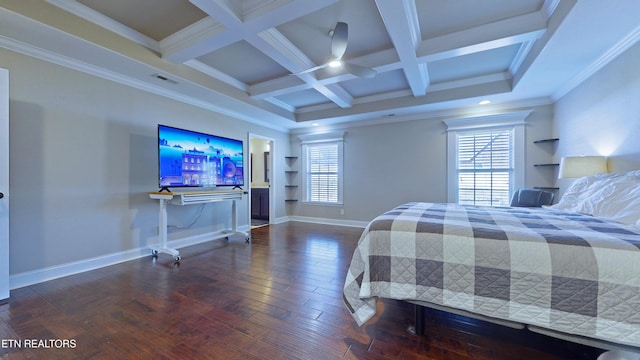 bedroom with dark wood-type flooring, beamed ceiling, crown molding, and coffered ceiling