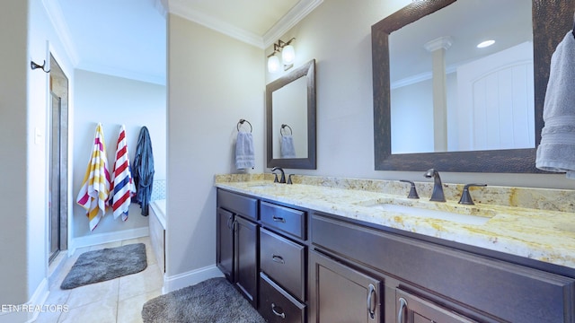 bathroom with tile patterned flooring, crown molding, a shower with door, and vanity