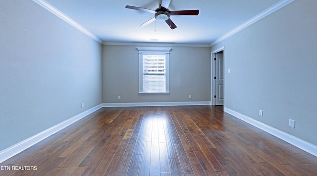 unfurnished room with ceiling fan, dark hardwood / wood-style flooring, and ornamental molding