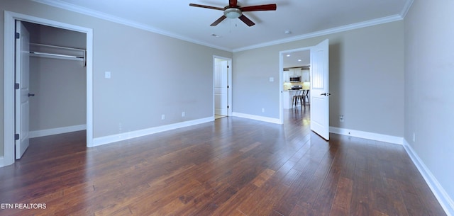 unfurnished bedroom featuring ceiling fan, a closet, dark hardwood / wood-style flooring, and ornamental molding