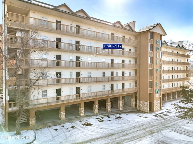 view of snow covered property