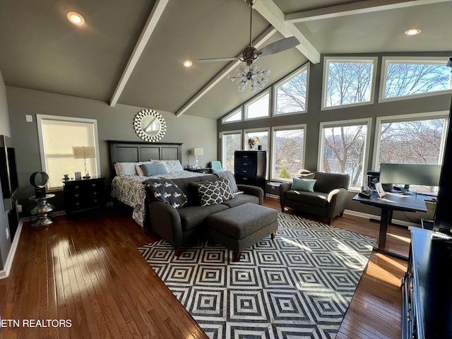 bedroom featuring dark hardwood / wood-style flooring, beam ceiling, high vaulted ceiling, and ceiling fan