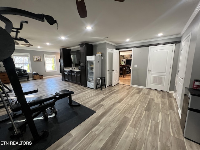 workout room with light hardwood / wood-style flooring, ornamental molding, and ceiling fan