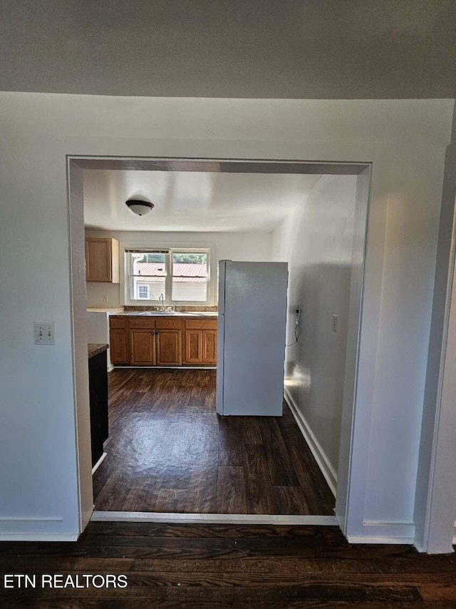 kitchen featuring dark hardwood / wood-style floors and fridge