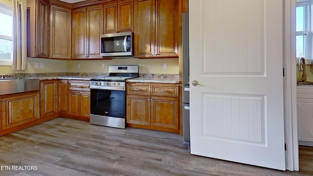 kitchen featuring stainless steel appliances, light hardwood / wood-style flooring, and a wealth of natural light