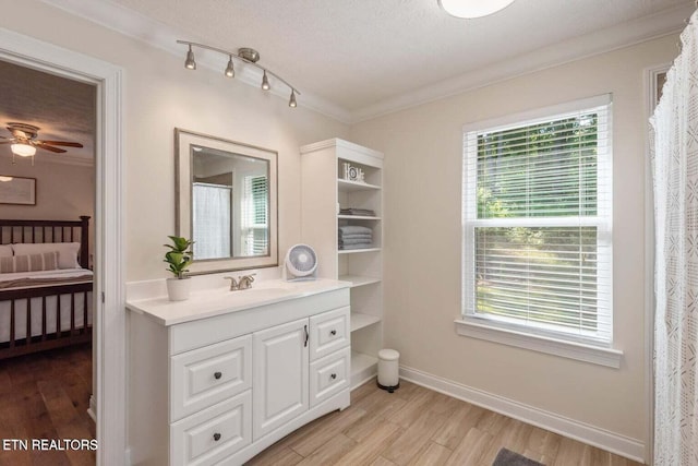 bathroom featuring ceiling fan, crown molding, hardwood / wood-style floors, and vanity