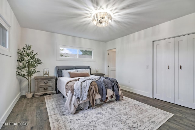 bedroom featuring a closet and dark hardwood / wood-style flooring