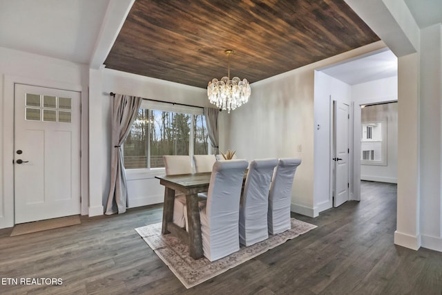 dining room featuring dark wood-type flooring, a notable chandelier, and wood ceiling