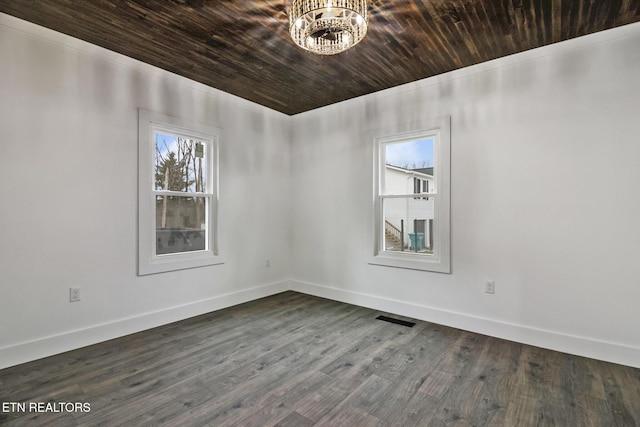 unfurnished room featuring wooden ceiling, dark hardwood / wood-style flooring, and an inviting chandelier