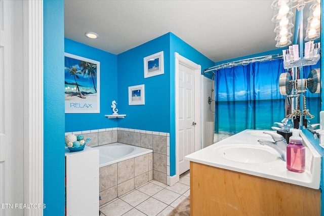 full bath featuring a shower with curtain, double vanity, a sink, tile patterned flooring, and a bath