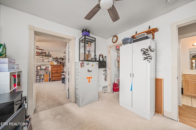 interior space featuring light carpet, ceiling fan, and a closet